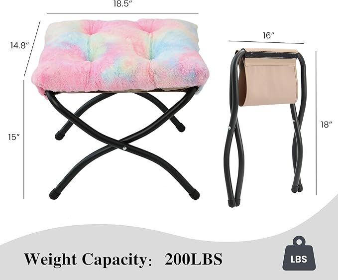 Mordchil HF 15"(H) Folding Ottoman, Foldable Footrest Stool, Portable Small Foot Stool for Couch, Collapsible Foot Rest Ottoman for Sofa, Accent Padded Ottomans for Living Room, Bedroom, Rainbow