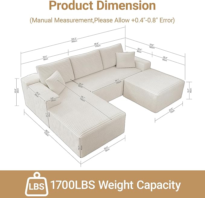 KAPEETOO U Shaped Boneless Sectional Couch with Chaise Ottoman, Giant Cloud Modular Sectional Sofa with Deep Seat, Oversize 3-Seater Boneless Couch for Living Room Bedroom Left Facing Chaise (White)