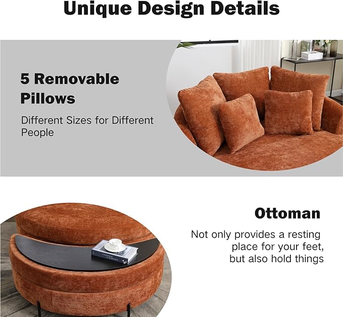 Chifee & Vingol 59.8" W Oversized Accent Barrel Chair Large Round Chair with Ottoman & Movable Wheels,Orange