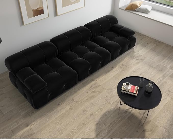 JACH Modular Sectional Couch, Modern Deep 3-Seat Couches, 104'' Minimalist Teddy Velvet Sectional Sofas, Convertible Sleeper Soft Sofa for Living Room Apartment (Black)