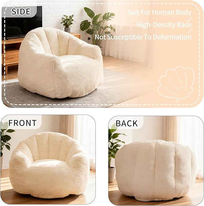 Bean Bag Chair, Giant Beanbag Chiars for Adults and Teens, Faux Fur Shell-Shaped Floor Sofa with Filler, Comfy Chair for Reading, Gaming and Relax (Beige)