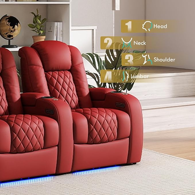Weilianda Home Theater Seating Top Grain Leather Zero Gravity Recliner Chair Power Headrest Recline Movie Seat Gaming 7 Colors Mood Light Sofa with Tray Table USB Charge Row of 3 Loveseat Left Red