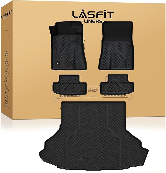 LASFIT Floor Mats and Trunk Mat for Ford Mustang 2024 2025 2026 (NOT fit Cargo w/o Subwoofer Box) All Weather Protector TPE Car Floor Liners, 1st & 2nd Row & Cargo Liner, 5pcs Black