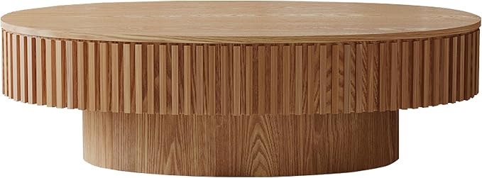 Oval Coffee Table for Living Room Modern Wood Center Tables with Storage Drum Tea Cocktail Fluted Mid Century Apartment Easy Assemble, Wood 31.5" D x 47.2" W x14.2 H