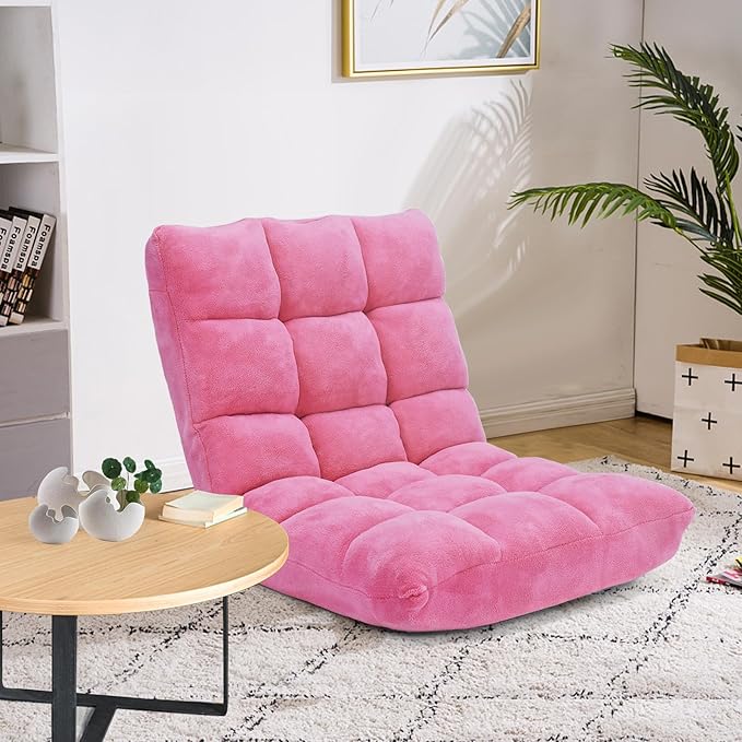 S AFSTAR Cushioned Floor Chair, 14-Position Adjustable Padded Lazy Recliner with Comfortable Back Support and Skin-Friendly Cover, Great for Reading, Playing Game, Meditating (Delightful Pink)