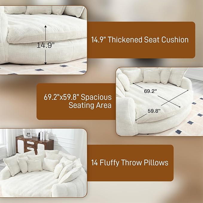 81" Oversized Bean Bag Chair Boneless Round Chaise Lounge Comfy Chenille Reading Chair Fluffy Plush Sofa Bed Large Deep Seat Circle Cloud Couch for Living Room, Bedroom, Apartment, Beige