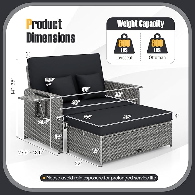 RELAX4LIFE Wicker Patio Outdoor Daybed - Rattan Day Bed Lounger w/Loveseat & Storage Ottoman, Sunbed Sofa Set w/Cushions, 4-Level Adjustable Backrest & 2 Retractable Trays, Patio Daybed (Black-Grey)