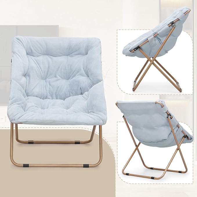 Athena Collection Saucer Chair for Adult, Square Comfy Cozy Chair Folding Chair Faux Fur Metal Frame Foldable Reading Chair Accent Chair for Bed Room Living Room, Blue