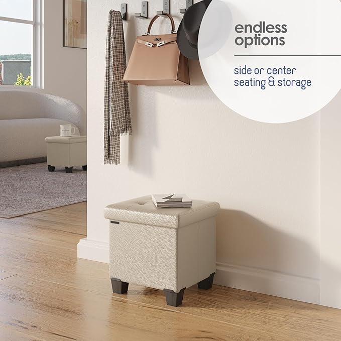 Storage Ottoman Cube with Small Bin, 16-in Square Ottoman with Storage for Living Room and Bedroom, Small Ottomans Foot Rest, Faux Leather Foot Stools Ottomans Max 330lbs, Beige