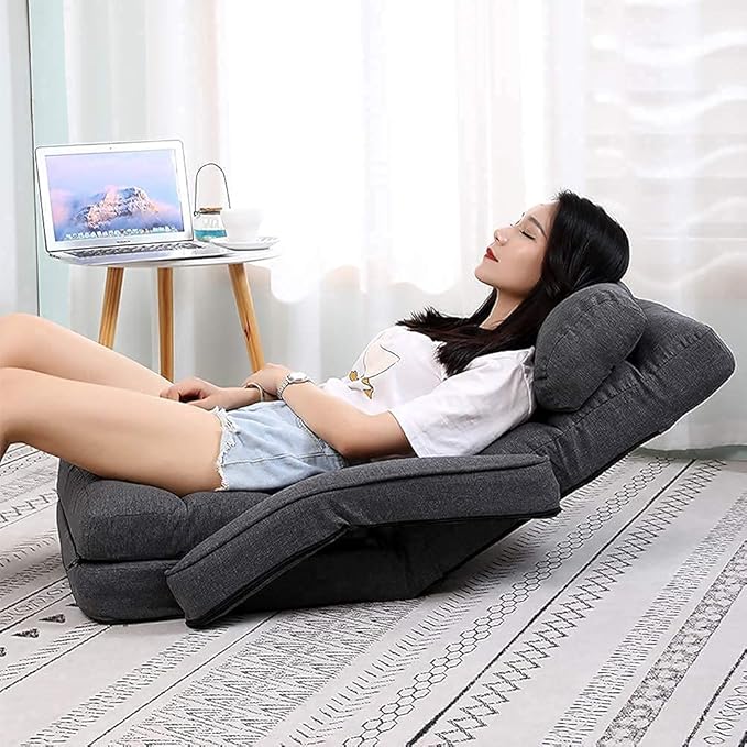 FLOGUOR Indoor Floor Gaming Chairs for Adults with Back Support,Chaise Lounge, 14-Position Folding Lazy Sofa with Pillow for Living Room, Bedroom, Balcony(Grey) 8803GR