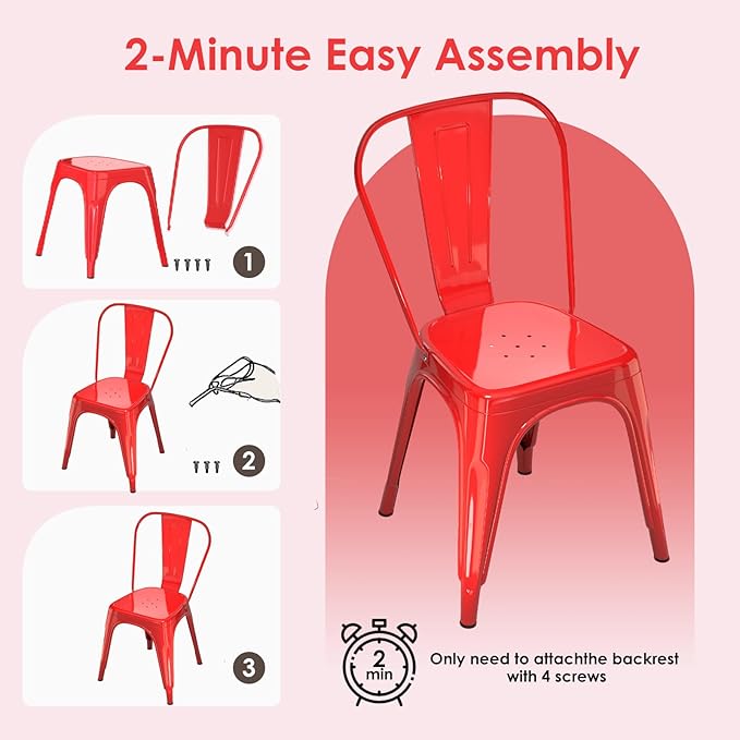 Metal Dining Chairs Set of 2,Stackable Tolix Chair Indoor/Outdoor for Kitchen,Cafe,Restaurant,Bistro & Patio Multiple Colors(Red)