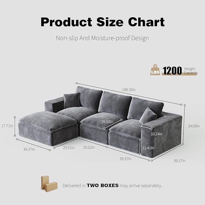 ZIGHTH 108" Plush Corduroy L Shaped Sectional Cloud Sofa Couch with Ottoman, Soft Deep Seat Modular Sectional Couches for Living Room,No Assembly. Grey