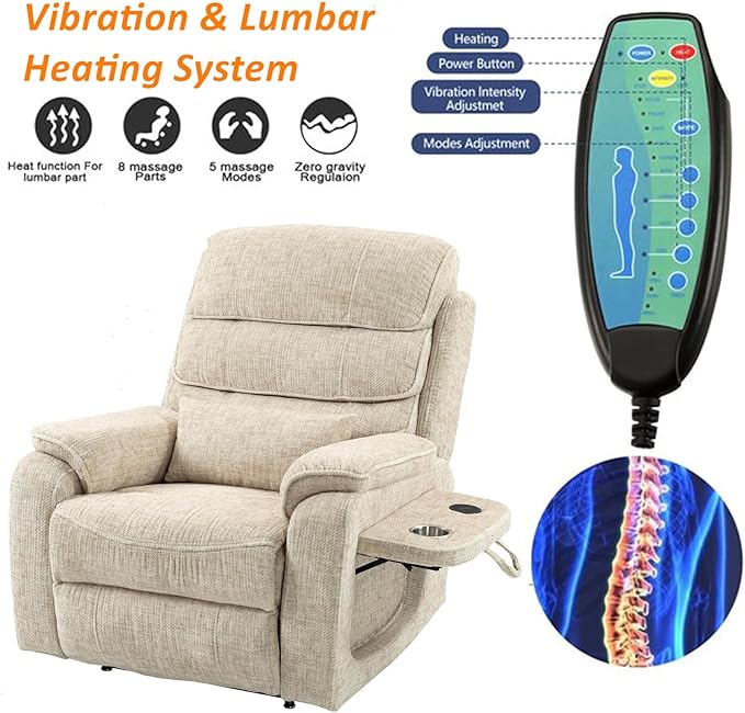 Cream Recliner Chair for Elderly | Tall and Big Man 400lbs | Velvet | Power Lift, Lay Flat, Stand Up, Wireless Charging Device, Extended Footrest, Massage Heat, Cup Holder, Lumbar Pillow