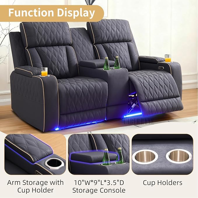 Caberryne Power Recliner Sofa Set with LED Lights,Suede Leather Reclining Couch with Coffee Table/Storage Console/Cup Holder,Reclining Living Room Set with 5 Recliner Seats for House(3 Piece Set,Navy)