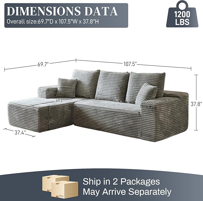 HYJT-H&K Modular Sectional Sofa Cloud Couch, 107" Comfy L Shaped Sectional Couches for Living Room, Deep Seat Memory Foam Plush Fluffy Corduroy Boneless Couch Sectionals Left Facing Sofa Chaise Grey