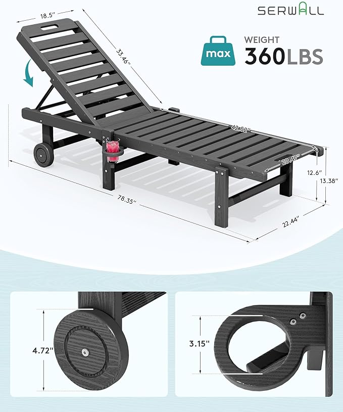 SERWALL Patio Chaise Lounge Chair, HDPE Outdoor Lounge Chair with Cup Holder, 5 Positions Adjustable Poly Lounger with Rolling Wheels for Poolside, Deck, Sunbathing, Grey