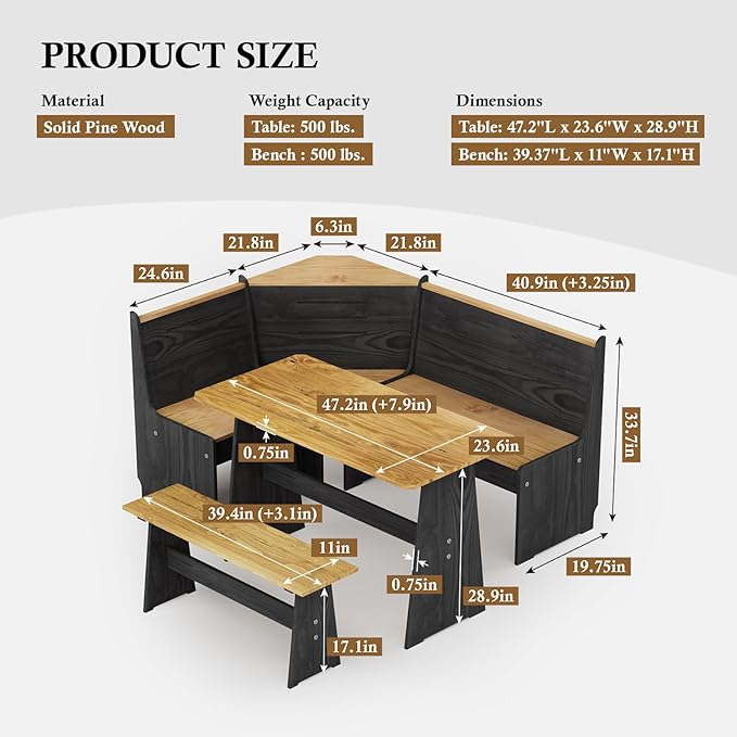 Breakfast Nook Table Set – L-Shaped Corner Dining Bench Set, Kitchen Nook Booth Dining Table, Space-Saving Banquette Seating for Apartment or Dining Room, Modern Black Wood Corner Table Set