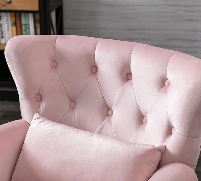 Janoray Mid Century Modern Accent Chair Upholstered Armchair Comfy Velvet Fabric Single Sofa with Tufted Wingback for Small Spaces Bedroom Living Room, Pink