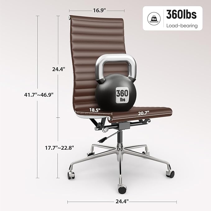 OTDMEL Armless Ribbed Office Desk Chair with Top Grain Leather, High Back Ergonomic Swivel Room Chair, Adjustable Height 5-Star Base, Brown