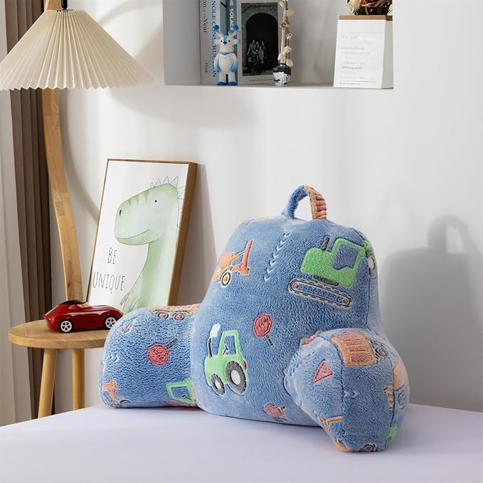 Holawakaka Boys Glow in The Dark Construction Truck Reading Pillow, Backrest Pillow with Excavator, Tractor & Crane Print, Soft Luminous Flannel Bed Rest Back Cushion for Kids, Teens Gifts