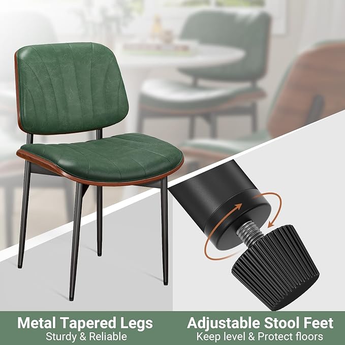 Dining Chairs Set of 4, Mid-Century Modern Upholstered PU Leather Chairs with Walnut Bentwood Back and Metal Legs Adjustable Feet for Kitchen Dining Room, Dark Green Shell Strips