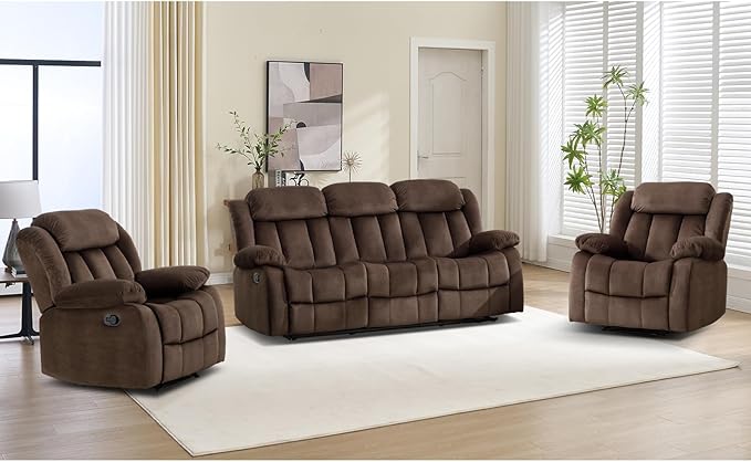 EBELLO Manual Reclining Sofa Set, Classic Recliner Sofa with Overstuffed Arms and Backrest, Includes 2 Recliner Chair and 1 3-Seat Couch, Brown