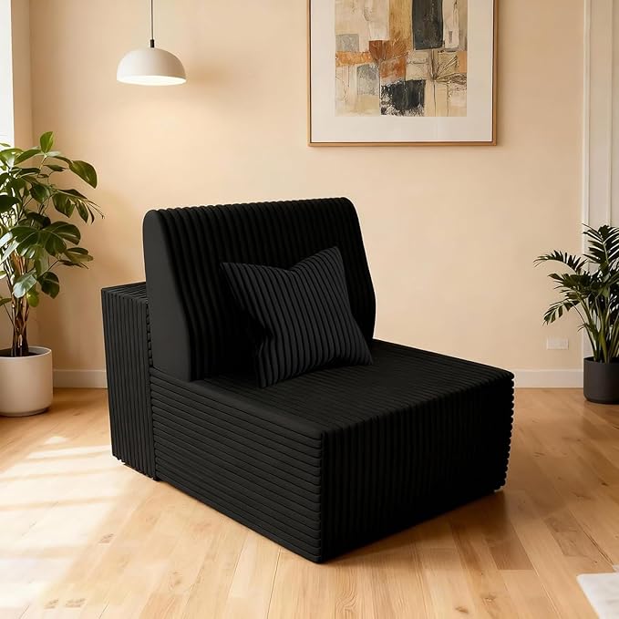 Komusou Single Sofa, Boneless Chair with Back Support & Pillows, for Living Room, Bedroom, Apartment Small Spaces Corduroy Modern Upholstered Couches No Assembly Required (Black)