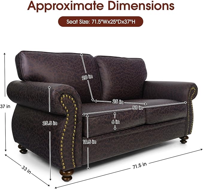 Couchus Mid-Century Vintage Sofa Couches with Rivet Design,loveseat Sofa,Removable Sofa Cover Upholstered Cushions and Solid Wood Frame (Brown, Loveseat)