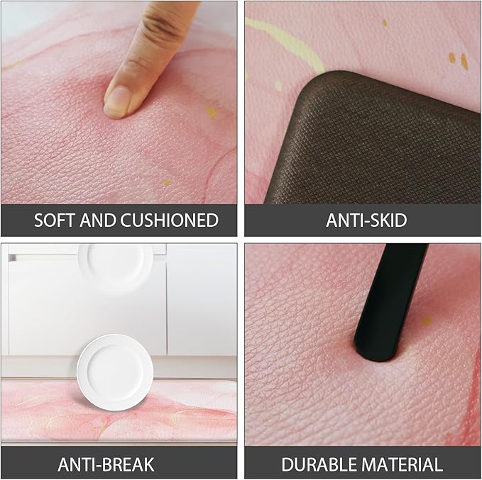 Pink Kitchen Rugs, Kitchen Floor Mats Cushioned Anti Fatigue Set of 2 Non Slip Waterproof Anti Fatigue Mat Comfort Memory Foam Standing Mat for Gold Kitchen Accessories