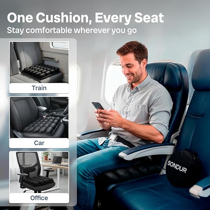 Travel Cushion – CloudAir Technology Airplane Seat Cushion – Inflatable Travel Cushion for Long Flights – Portable Air Cell Design, Puncture-Resistant Waterproof Pad – Black