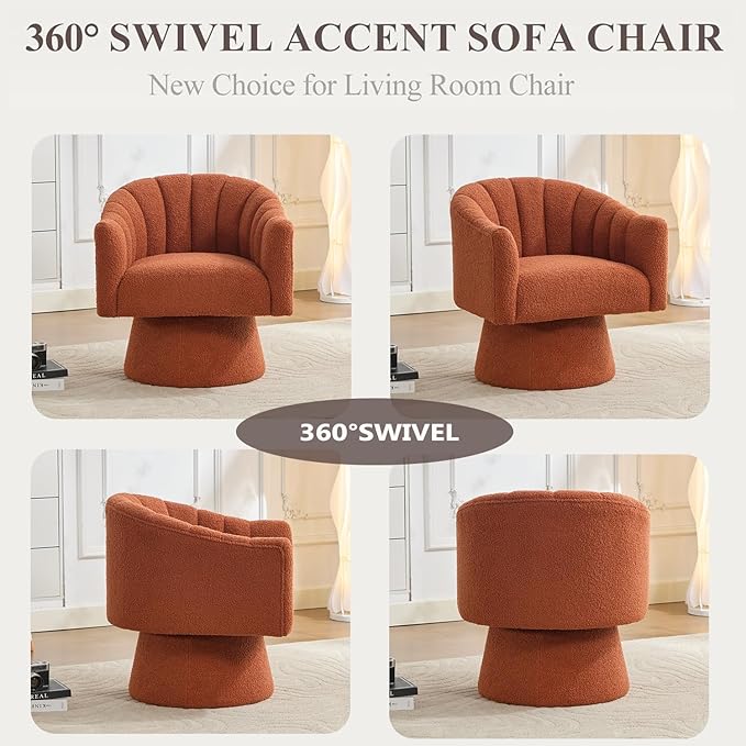 Swivel Accent Chair Set of 2, Upholstered Teddy 360° Swivel Barrel Chair for Living Room Overstuffed Bouncle Reading Chair Round Armchair for Bedroom,Vanity,Office-Orange