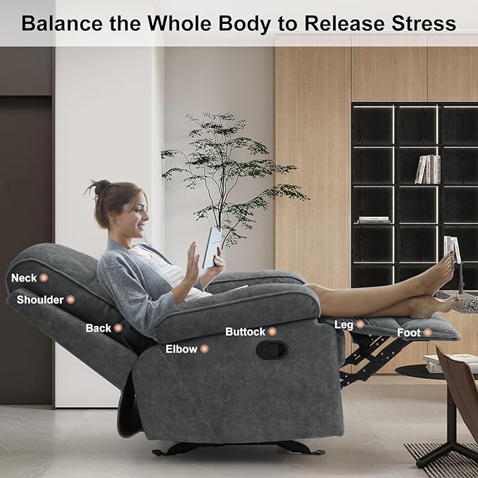 KeyEnergy Manual Rocker Recliner Chair for Adults, High Back Glider with Deep Seat, Upholstered Fabric Armchair for Living Room & Nursery, Dark Grey