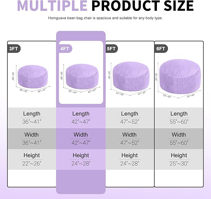 Homguava 4 FT Bean Bag Chair,4' Big Bean Bag,Large Bean Bag Chairs for Adults with Memory Foam Filled,Comfy Beanbag Chairs Soft Bean Bag Sofa with Dutch Corded Plush Cover-Purple