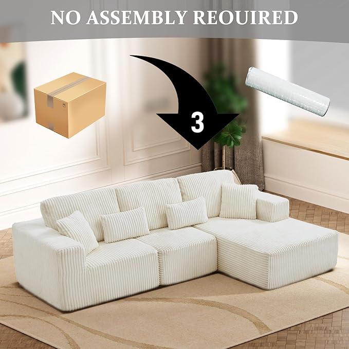 HYJT-H&K Modular Sectional Sofa Cloud Sectional Couch, 107" Comfy Fluffy L Shaped White Couches for Living Room, Deep Seat Memory Foam Plush Corduroy Boneless Couch Sectionals Right Facing Chaise Sofa