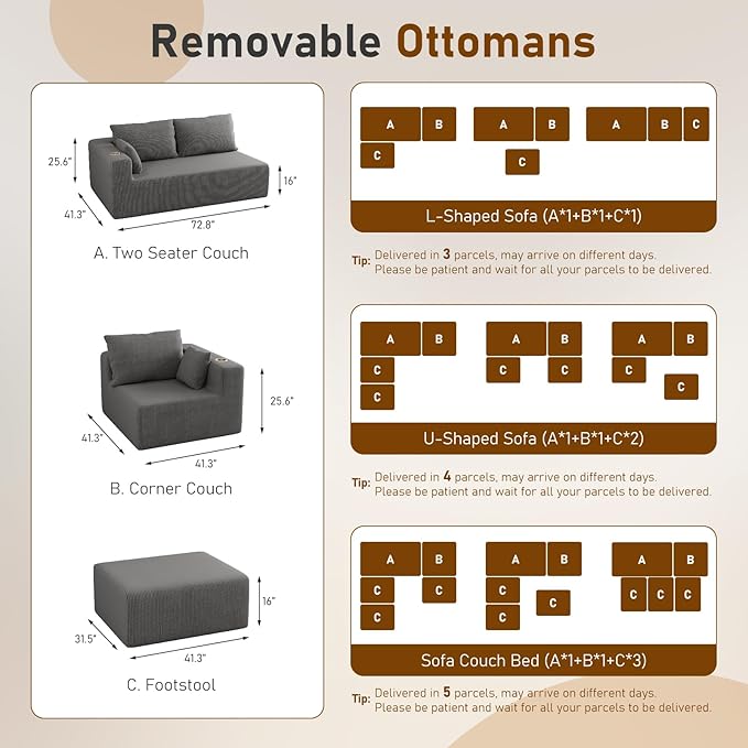 Furnimart 112" U Shaped Modular Sectional Sofa with 2 Ottomans, Boneless Cloud Couch with Chaise for Living Room, Modern Deep Seat Lounge Sleeper Couch Bed, No Assembly, Corduroy Dark Grey