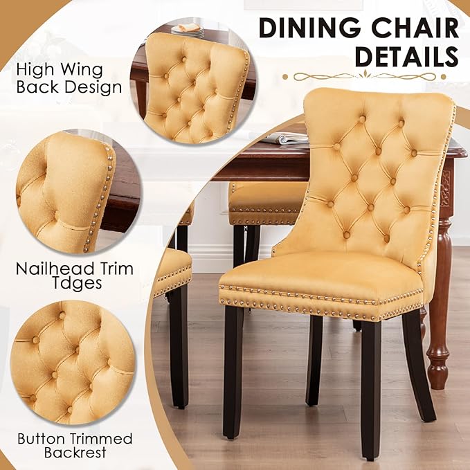 Kiztir Velvet Dining Chairs Set of 4, Upholstered Dining Chairs with Ring Pull Trim and Button Back, Luxury Tufted Dining Chair for Living Room, Bedroom, Kitchen (Gold)