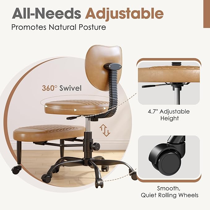 Anunweldo Cross Legged Office Chair, 360° Swivel ADHD Chairs for Adults, Height Adjustable Ergonomic Cross Legged Office Chair with Wheels, Wide Cross Legged Chair for Meditation, Yoga (Brown)