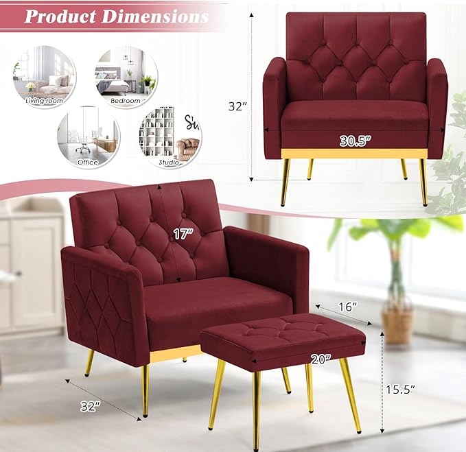 ACMEASE Velvet Accent Chair w/Adjustable Armrests and Backrests, Tufted Single Sofa with Ottoman, Upholstered Reading Chiar for Living Room, Apartment, Bedroom, Red