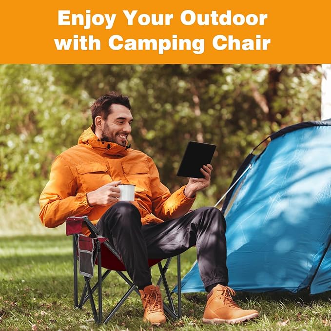 SAILARY Folding Camping Chair Portable Outdoor Heavy Duty Padded Chairs Lawn Chair with Cup Holder, Storage Pocket and Cooler Bag, Supports 450LBS Red