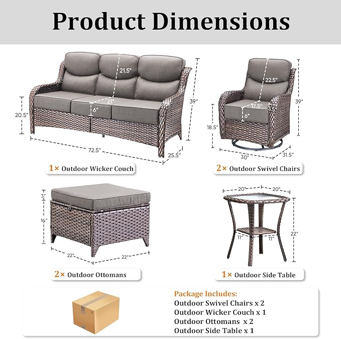 Pugire Luxury High Back Patio Furniture Set with 6-Inch Thick Cushions, 6-Pieces Outdoor Furniture with Swivel Chairs &Side Table, Wicker Conversation Set for Porch, Balcony, Deck and Yard, Brown/Grey
