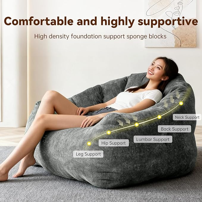 Giant Bean Bag Chair for Adults and Kids Oversized Faux Fur Shell-Shaped BonelessBeanBag Couch Filler with Memory FoamStuffed Big Accent Sofa for Living Room, Bedroom & Dorm (Dark Grey)