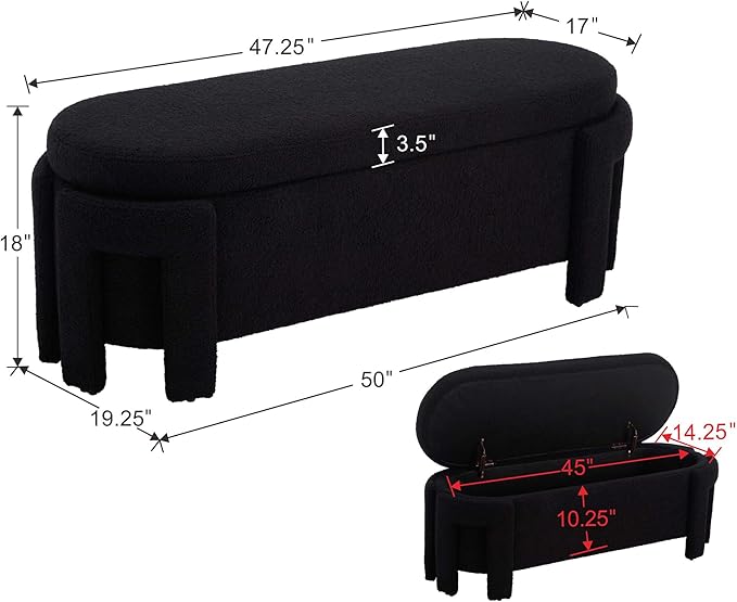 DM Furniture Black Storage Bench for Bedroom 47.25 in Modern Boucle Upholstered Ottoman with Storage Space for End of Bed/Living Room/Closet/Lounge/Window Corner, Black