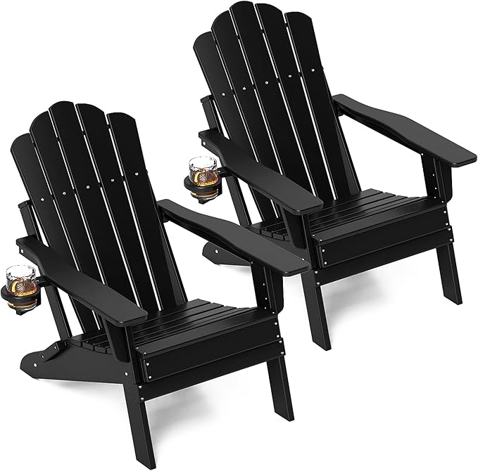 FOOWIN Adirondack Chair Set of 2, Folding Adirondack Chair with Cup Holder, HDPE All-Weather Fire Pit Chair for Patio, Garden, Backyard, Poolside, Black