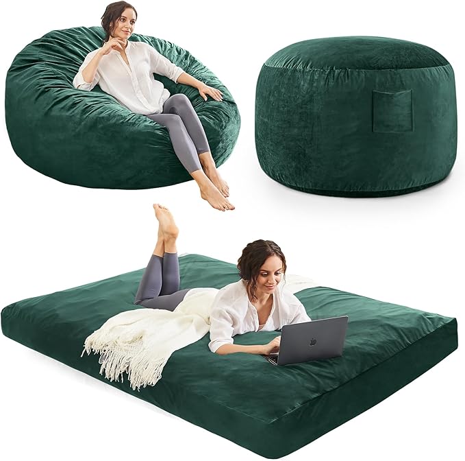 Bean Bag Chairs for Adults - Giant Bean Bag Chair Convertible Bean Bag Bed - Beanbag Chair with Micro Fiber Cover/Furniture Foam Filler - Floor Couch Sofa in Bedroom Dorm Room - Queen Green