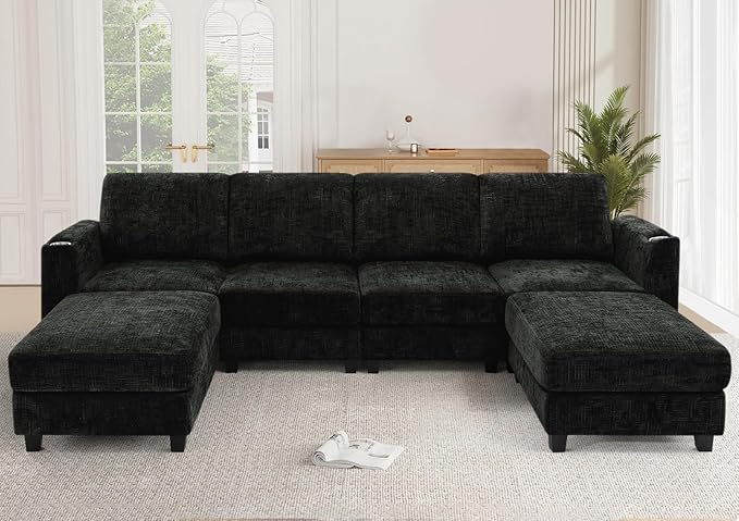 Lesofair 110" Chenille U-Shape Sofa with Flexible Ottomans, Comfy Sectional Sofa with 2 Built-in Cup Holders, Convertible 4 Seats Couch with Well-Filled Back Cushions for Living Room, House, Black