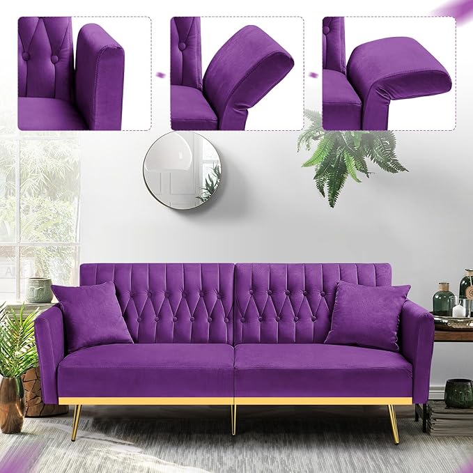 ACMEASE 70” Velvet Futon Sofa Bed with 2 Pillows and Adjustable Armrests, Convertible Sleeper Bed W/Adjustable Backrests, Modern Loveseat for Living Room, Bedroom, Purpel