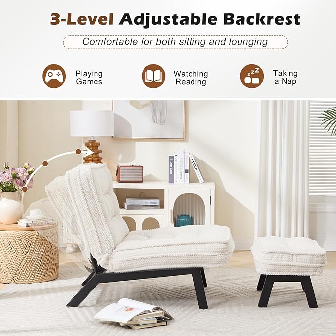 ANJ Accent Chair with Ottoman Adjustable Backrest, Living Room Chair Tufted Upholstered Lounge Chair with Footrest Set, Modern Chair Cozy Reclining Chair for Reading Room Bedroom