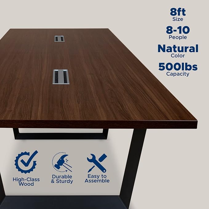 ahliss Sturdy Conference Table with Cable Management Grommets Modern Rectangle Office Meeting Table with Wood Tabletop and Metal Frame & Legs- Easy Assembly Boardroom Table (Dark Brown, 8 Foot)