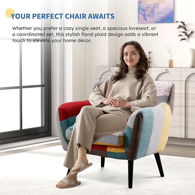 Bonzy Home Modern Oversized Accent Chair for Living Room, Colorful Boho Linen Fabric Upholstered Armchair with Wood Legs, Single Chair
