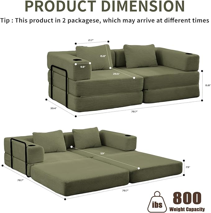 78" Loveseat Sleeper Sofa, 4 in 1 Convertible Floor Sofa Bed, Boneless Cloud Couch with Cup Holder, Fold Out Floor Couch for Living Room Bedroom Lounge, Corduroy, Olive